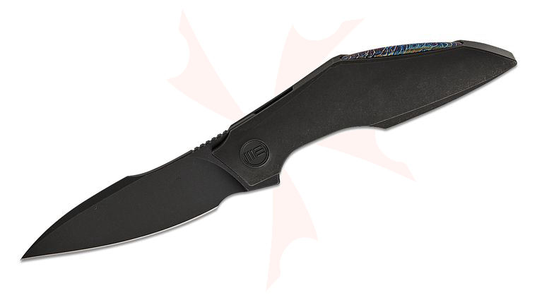 We Knife Company Tashi Bharucha Krait Snake Liner Lock Flipper Knife 3.34 inch M390 Black Stonewashed Harpoon Blade, Black Contoured Titanium Handles, Chidori Accents
