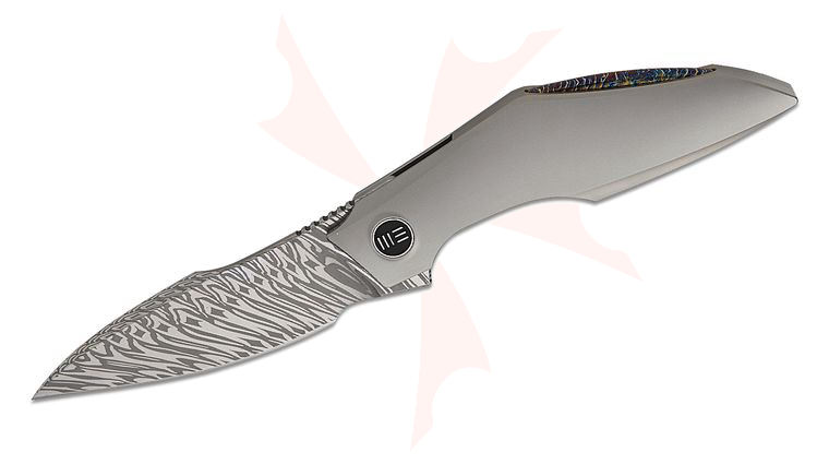 We Knife Company Tashi Bharucha Krait Snake Liner Lock Flipper Knife 3.34 inch Fafnir Damasteel Harpoon Blade, Gray Contoured Titanium Handles, Chidori Accents