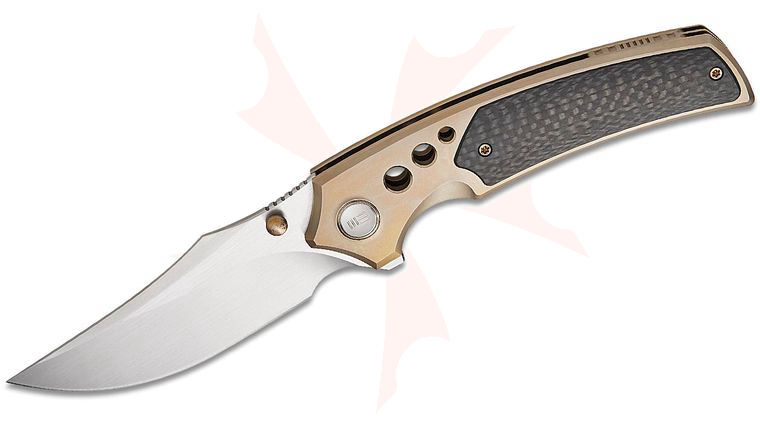 We Knife Company Skynix Bolster Lock Flipper Knife 3.7 inch M390 Hand Rubbed Satin Clip Point Blade, Champagne Bolstered Titanium Handles with Twill Carbon Fiber Inlays