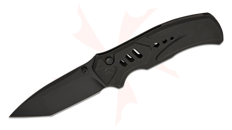 We Knife Company Zentron Button Lock Flipper Knife 3.48 inch M390 Black Stonewashed Tanto Blade, Black Machined Titanium Handles