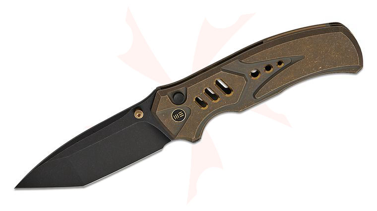We Knife Company Zentron Button Lock Flipper Knife 3.48 inch M390 Black Stonewashed Tanto Blade, Dark Bronze Machined Titanium Handles