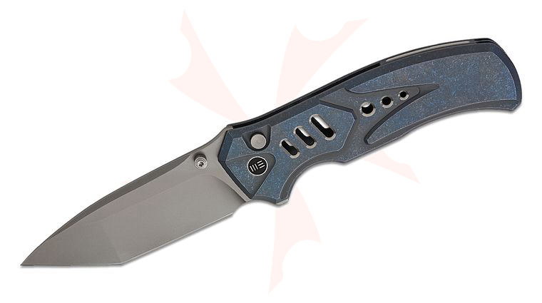 We Knife Company Zentron Button Lock Flipper Knife 3.48 inch M390 Stonewashed Tanto Blade, Blue Machined Titanium Handles