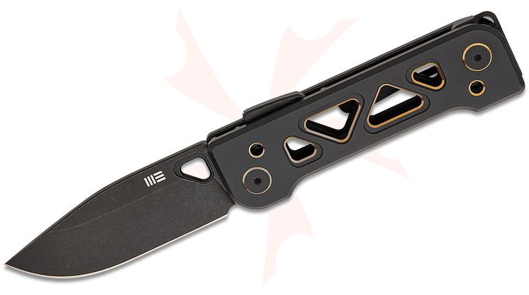 We Knife Company Snecx Tyro Superlock Folding Knife 2.91 inch CPM-20CV Black Stonewashed Drop Point Blade, Black and Golden Machined Titanium Handles, Reversible Clip