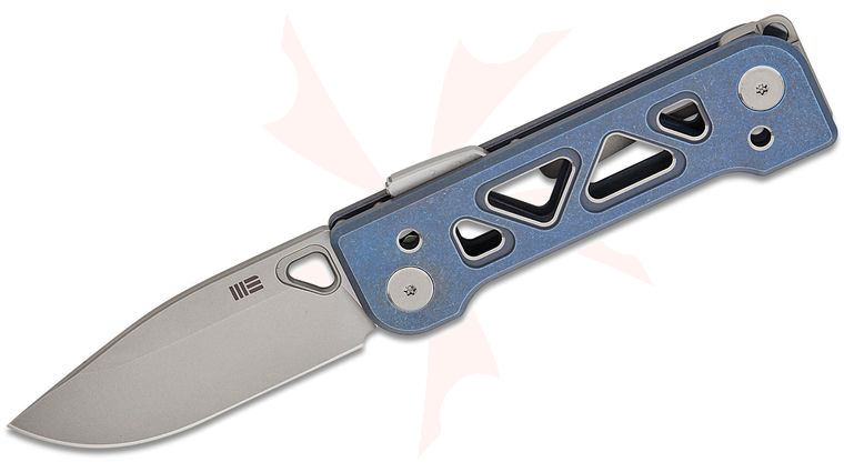 We Knife Company Snecx Tyro Superlock Folding Knife 2.91 inch CPM-20CV Stonewashed Drop Point Blade, Blue Machined Titanium Handles, Reversible Clip