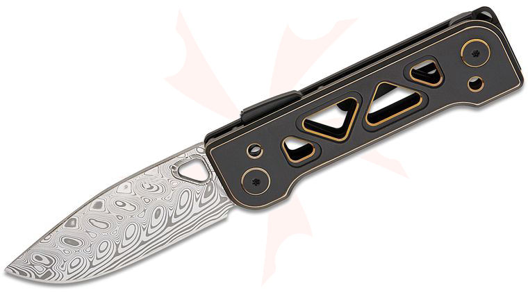 We Knife Company Snecx Tyro Superlock Folding Knife 2.91 inch Hakkapella Damasteel Drop Point Blade, Black and Golden Machined Titanium Handles, Reversible Clip