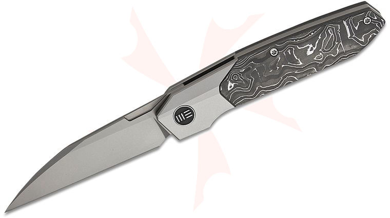 We Knife Company Rafal Brzeski Brr15 Bolster Lock Flipper Knife 3.25 inch M390 Stonewashed Wharncliffe Blade, Gray Bolstered Titanium Handles with Aluminum Foil Carbon Fiber Scales