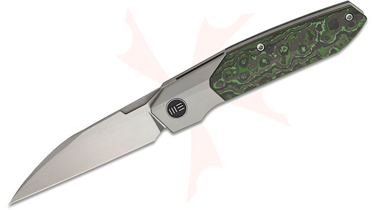 We Knife Company Rafal Brzeski Brr15 Bolster Lock Flipper Knife 3.25 inch M390 Hand Rubbed Satin Wharncliffe Blade, Gray Bolstered Titanium Handles with Jungle Wear FatCarbon Scales