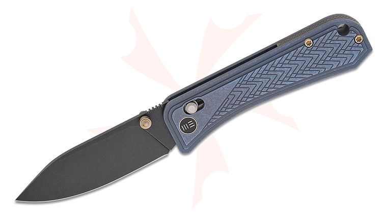 We Knife Company Ben Petersen Bougie Banter Crossbar Lock Folding Knife 2.91 inch S45VN Black Stonewashed Modified Drop Point Blade, Blue Art Deco Milled Titanium Handles