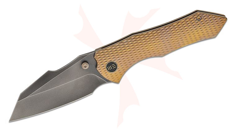 We Knife Company Gavko High-Fin XL Frame Lock Folding Knife 3.48 inch CPM-20CV Polished Gray Reverse Tanto Blade, Golden Polished Diamond Pattern Machined Titanium Handles