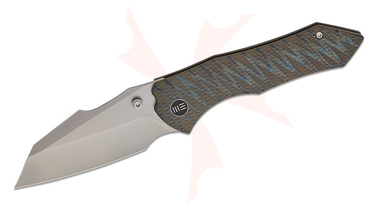 We Knife Company Gavko High-Fin XL Frame Lock Folding Knife 3.48 inch CPM-20CV Polished Bead Blasted Reverse Tanto Blade, Tiger Stripe Flamed Diamond Pattern Machined Titanium Handles
