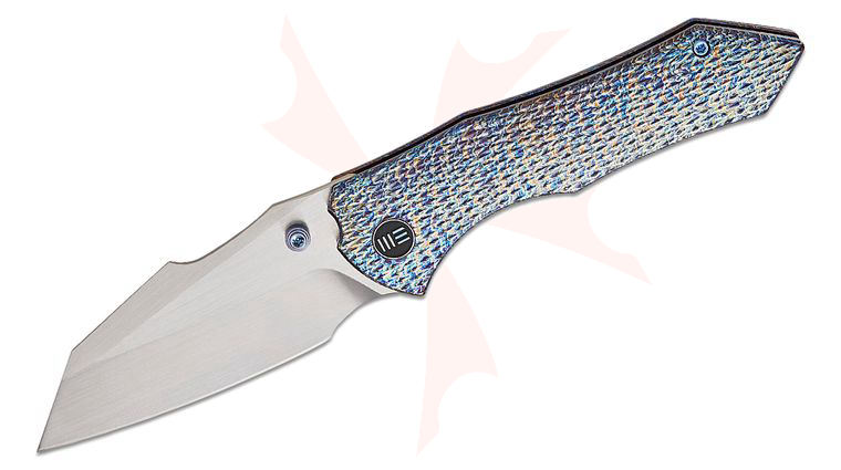 We Knife Company Gavko High-Fin XL Frame Lock Folding Knife 3.48 inch CPM-20CV Hand Rubbed Satin Reverse Tanto Blade, Lightning Strike Diamond Pattern Machined Titanium Handles