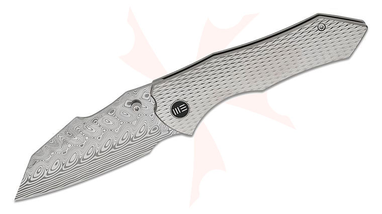 We Knife Company Gavko High-Fin XL Frame Lock Folding Knife 3.48 inch Hakkapella Damasteel Reverse Tanto Blade, Crystalized Gray Diamond Pattern Machined Titanium Handles