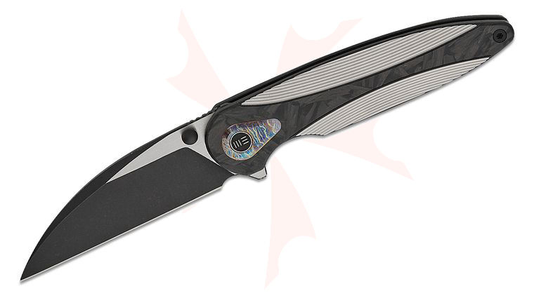 We Knife Company Zenthra Nested Frame Lock Flipper Knife 3.3 inch M390 Black Two-Tone Wharncliffe Blade, Satin/Black Machined Titanium Handles with Shredded Carbon Fiber Inlays