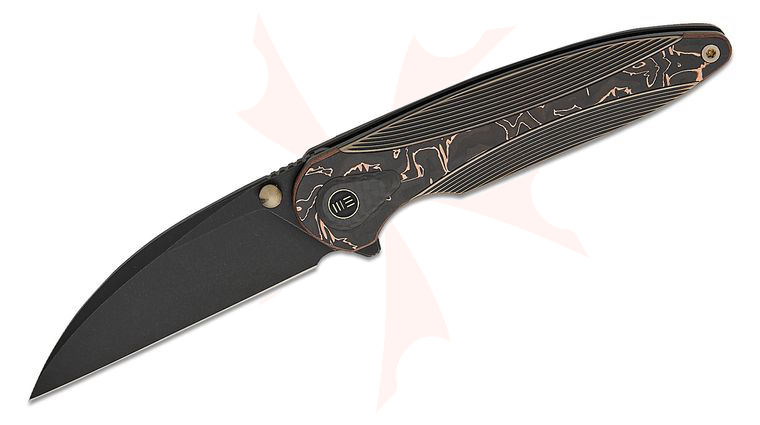 We Knife Company Zenthra Nested Frame Lock Flipper Knife 3.3 inch M390 Black Stonewashed Wharncliffe Blade, Bronze/Black Machined Titanium Handles with Copper Foil Carbon Fiber Inlays