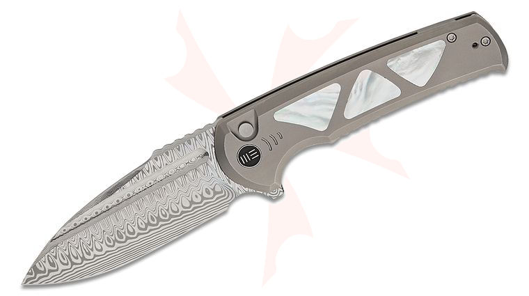 We Knife Company Sylox Button Lock Flipper Knife 3.8 inch Hugin Damasteel Drop Point Blade, Polished Bead Blasted Titanium Handles with Mother of Pearl Inlays