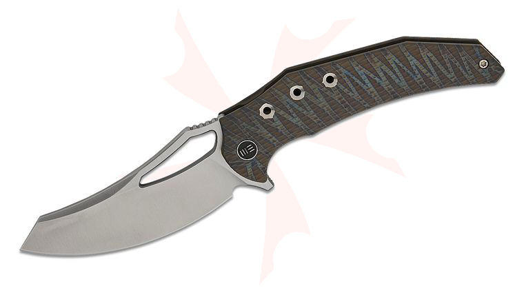 We Knife Company Gavko Epaulette Frame Lock Flipper Knife 3.45 inch M390 Satin Reverse Tanto Blade, Tiger Stripe Flamed Diamond Pattern Machined Titanium Handles