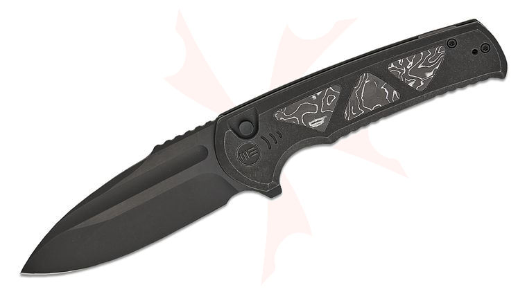 We Knife Company Sylox Button Lock Flipper Knife 3.8 inch M390 Black Two-Tone Drop Point Blade, Black Titanium Handles with Aluminum Foil Carbon Fiber Inlays