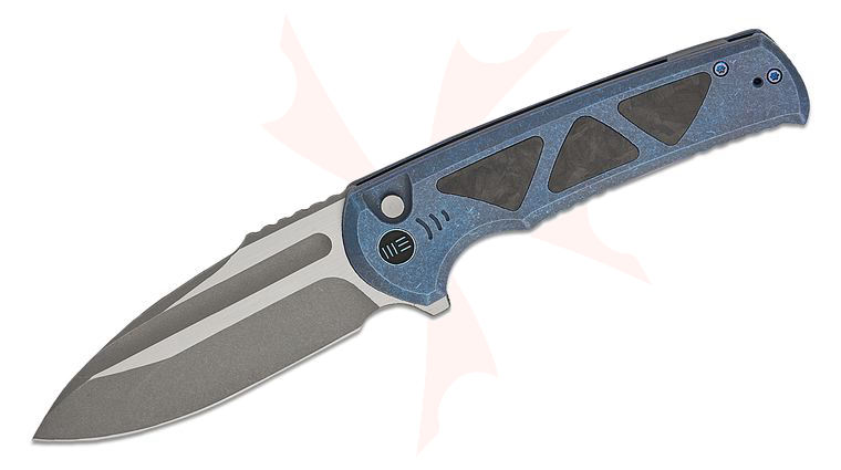 We Knife Company Sylox Button Lock Flipper Knife 3.8 inch M390 Stonewashed Two-Tone Drop Point Blade, Blue Titanium Handles with Shredded Carbon Fiber Inlays