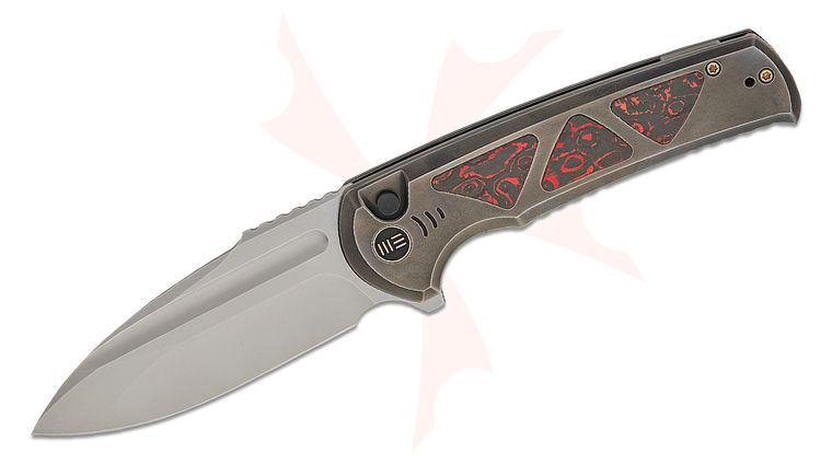 We Knife Company Sylox Button Lock Flipper Knife 3.8 inch M390 Polished Bead Blasted Drop Point Blade, Polished Gray Titanium Handles with Lava Flow FatCarbon Inlays