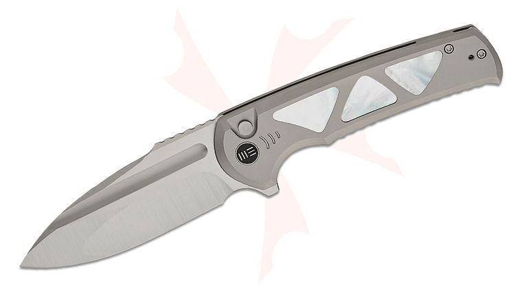 We Knife Company Sylox Button Lock Flipper Knife 3.8 inch M390 Hand Polished Satin Drop Point Blade, Gray Titanium Handles with Mother of Pearl Inlays