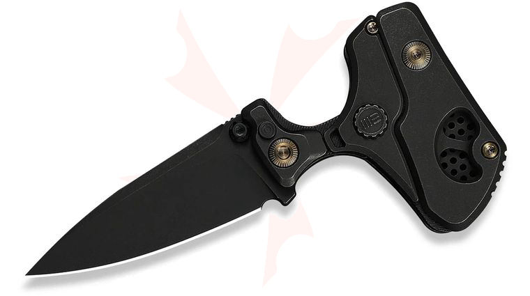 We Knife Company NexoMorph Morphing Push Dagger/Button Lock Flipper Knife 2.95 inch M390 Black Stonewashed Drop Point Blade, Black Machined Titanium Handles