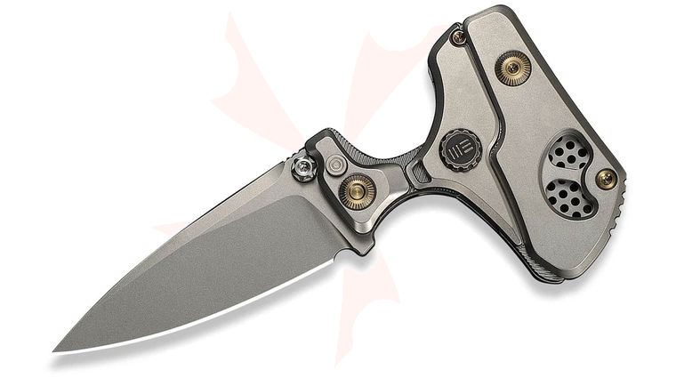 We Knife Company NexoMorph Morphing Push Dagger/Button Lock Flipper Knife 2.95 inch M390 Stonewashed Drop Point Blade, Gray Machined Titanium Handles