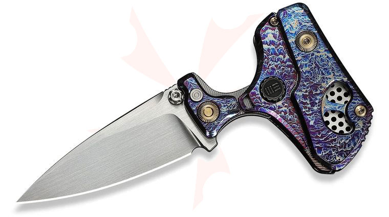 We Knife Company NexoMorph Morphing Push Dagger/Button Lock Flipper Knife 2.95 inch M390 Hand Rubbed Satin Drop Point Blade, Entropic Anodized Machined Titanium Handles