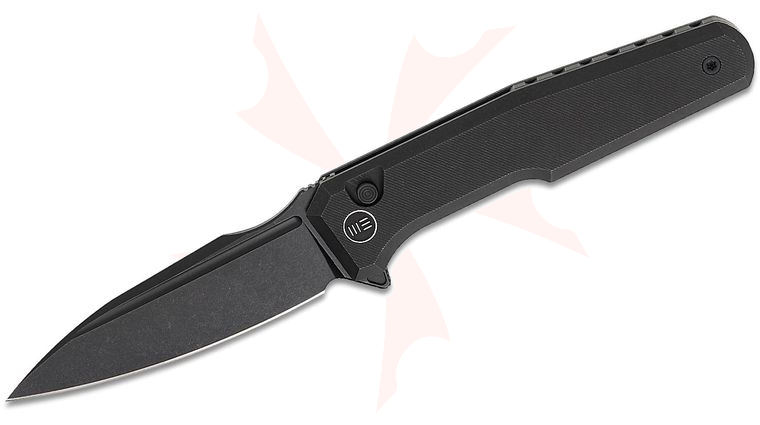 We Knife Company GTK Dressytak Button Lock Flipper Knife 3.37 inch M390 Black Stonewashed Drop Point Blade, Black Machined Chamfered Titanium Handles
