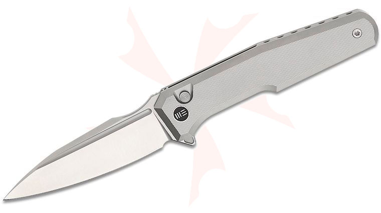 We Knife Company GTK Dressytak Button Lock Flipper Knife 3.37 inch M390 Satin Drop Point Blade, Gray Machined Chamfered Titanium Handles