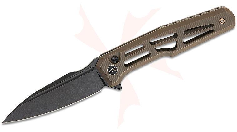 We Knife Company GTK Dressytak Button Lock Flipper Knife 3.37 inch M390 Black Stonewashed Drop Point Blade, Bronze Skeletonized Chamfered Titanium Handles
