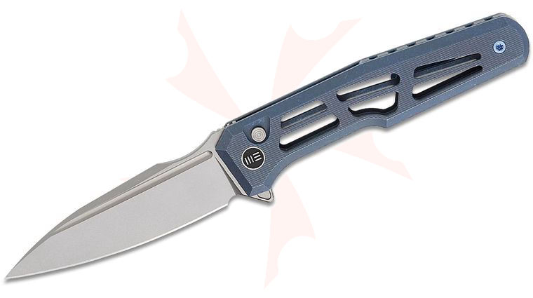 We Knife Company GTK Dressytak Button Lock Flipper Knife 3.37 inch M390 Stonewashed Drop Point Blade, Blue Skeletonized Chamfered Titanium Handles
