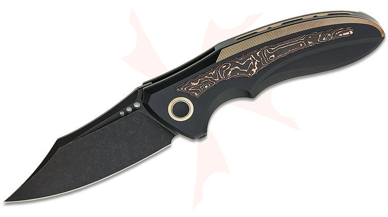 We Knife Company VARG Frame Lock Flipper Knife 2.96 inch MagnaCut Black Stonewashed Clip Point Blade, Black and Golden Titanium Handles with Copper Foil Carbon Fiber Inlays