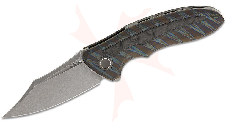 We Knife Company VARG Frame Lock Flipper Knife 2.96 inch MagnaCut Gray Stonewashed Clip Point Blade, Tiger Stripe Flamed Titanium Handles with Rose Carbon Fiber Inlays