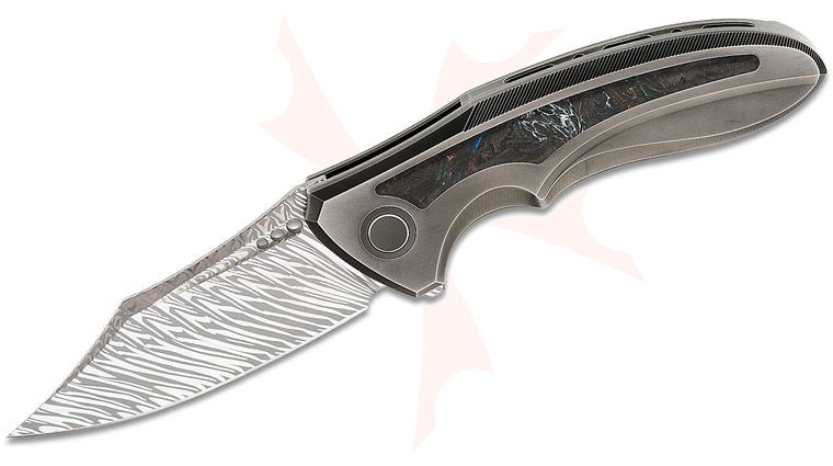We Knife Company VARG Frame Lock Flipper Knife 2.96 inch Fafnir Damasteel Clip Point Blade, Polished Gray Titanium Handles with Multi-Color Carbon Fiber Inlays