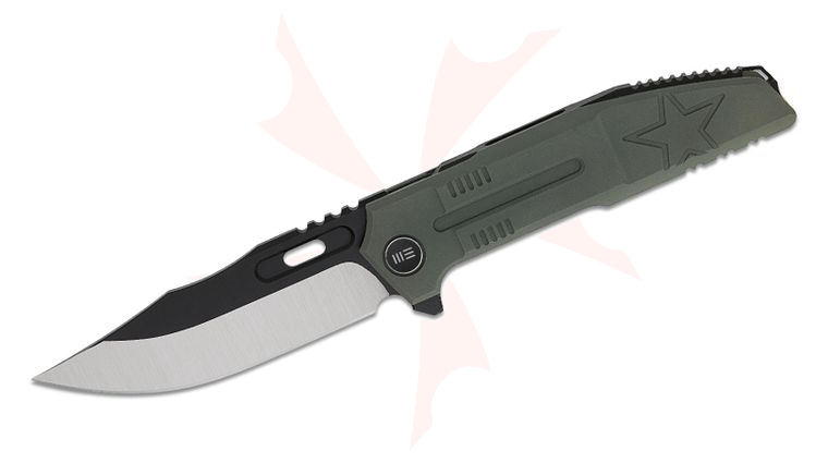 We Knife Company Limited Edition Barracks Frame Lock Flipper Knife 3.85 inch M390 Black Stonewashed Two-Tone Harpoon Clip Point Blade, Dark Olive Machined Titanium Handles
