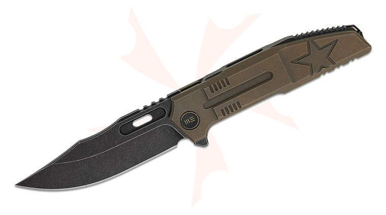 We Knife Company Limited Edition Barracks Frame Lock Flipper Knife 3.85 inch M390 Black Stonewashed Harpoon Clip Point Blade, Bronze Machined Titanium Handles