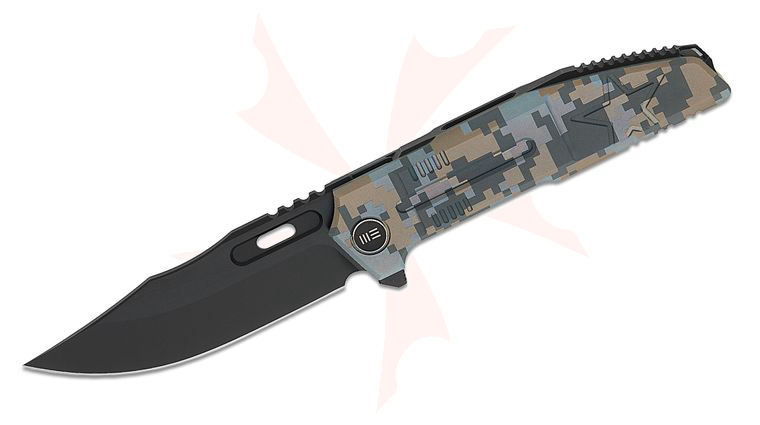 We Knife Company Limited Edition Barracks Frame Lock Flipper Knife 3.85 inch M390 Black Stonewashed Harpoon Clip Point Blade, Pixel Pattern Machined Titanium Handles