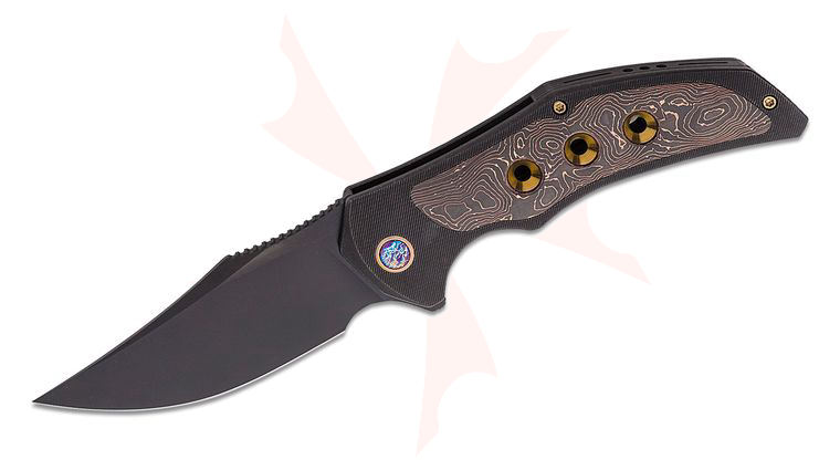 We Knife Company Magnetron Flipper Knife 3.76 inch CPM-20CV Black Stonewashed Clip Point Blade, Black Titanium Handles with Copper Foil Carbon Fiber Inlays