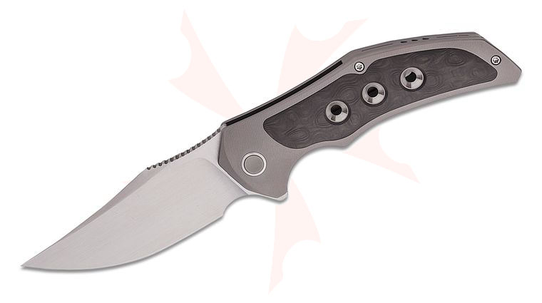 We Knife Company Magnetron Flipper Knife 3.76 inch CPM-20CV Hand Rubbed Clip Point Blade, Gray Titanium Handles with Rose Carbon Fiber Inlays
