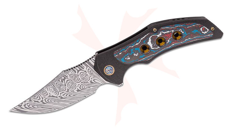 We Knife Company Magnetron Flipper Knife 3.76 inch Heimskringla Damasteel Clip Point Blade, Black Titanium Handles with Nebula FatCarbon Inlays