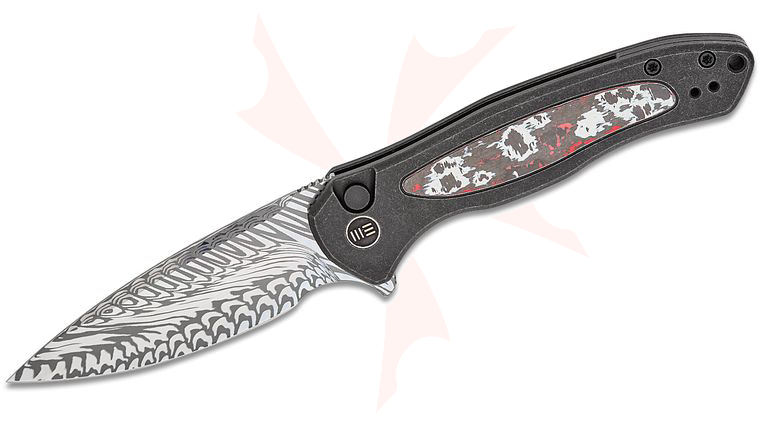 We Knife Company Limited Edition Button Lock Kitefin Flipper Knife 3.22 inch Fafnir Damasteel Blade, Black Titanium Handles with Nebula FatCarbon Inlays