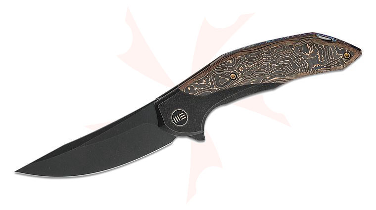 We Knife Company Limited Edition Anton Tkachenko Merata Flipper Knife 3.68 inch CPM-20CV Black Stonewashed Trailing Point Blade, Black Titanium Handles with Copper Foil Carbon Fiber Inlays, Chidori Accents