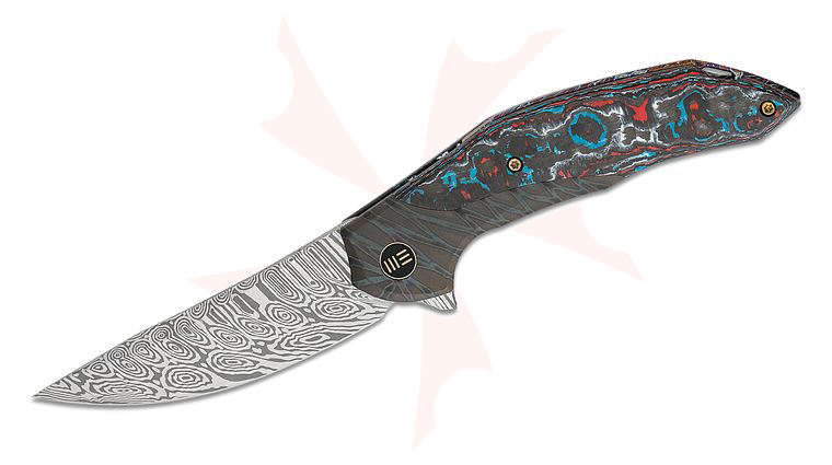 We Knife Company Limited Edition Anton Tkachenko Merata Flipper Knife 3.68 inch Heimskringla Damasteel Trailing Point Blade, Tiger Stripe Flamed Titanium Handles with Nebula FatCarbon Inlays, Chidori Accents