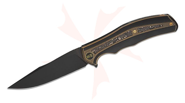 We Knife Company Kellen Bogardus Zonda Frame Lock Flipper Knife 4.05 inch CPM-20CV Black Stonewashed Clip Point Blade, Black Titanium Handles with Bronze Titanium and Copper Foil Carbon Fiber Inlays