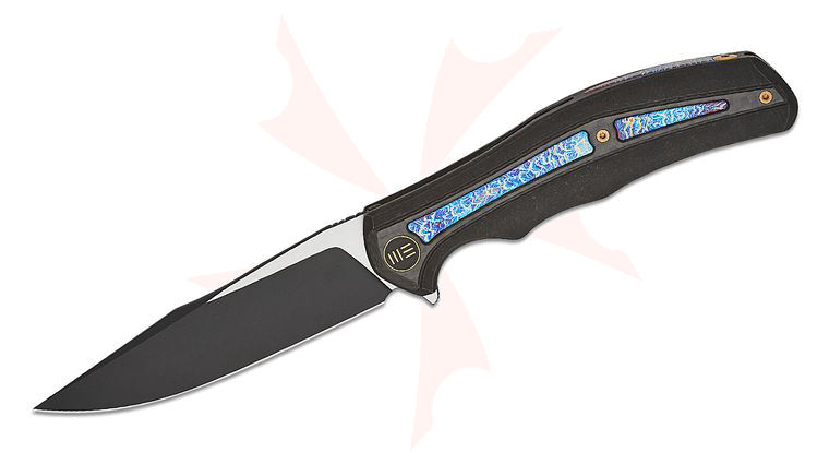 We Knife Company Kellen Bogardus Zonda Frame Lock Flipper Knife 4.05 inch CPM-20CV Two-Tone Clip Point Blade, Black Titanium Handles with Twill Carbon Fiber and Flamed Titanium Inlays