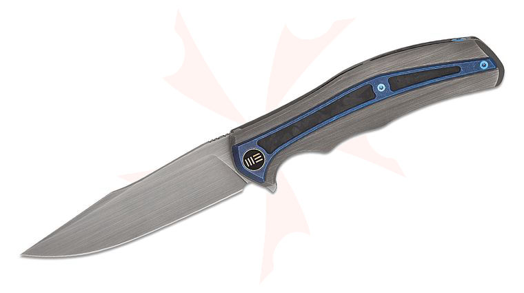 We Knife Company Kellen Bogardus Zonda Frame Lock Flipper Knife 4.05 inch CPM-20CV Hand Rubbed Satin Clip Point Blade, Gray Titanium Handles with Blue Titanium and Marble Carbon Fiber Inlays