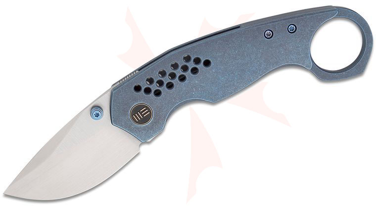 We Knife Company TuffKnives Envisage Front Flipper Knife 2.42 inch CPM-20CV Hand Rubbed Drop Point Blade, Blue Titanium Handles with Pinky Ring