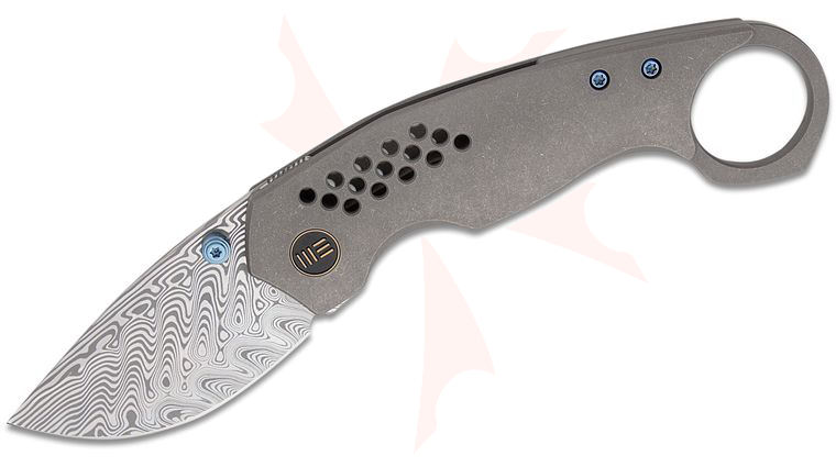 We Knife Company TuffKnives Envisage Front Flipper Knife 2.42 inch Hakkapella Damasteel Drop Point Blade, Gray Titanium Handles with Pinky Ring