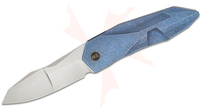 We Knife Company GTC Solid SLT Frame Lock Flipper Knife 3.88 inch CPM-20CV Polished Bead Blast Modified Spear Point Blade, Blue Integral Titanium Handle