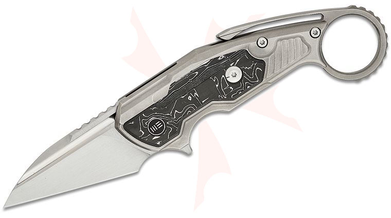 We Knife Company Maciej Torbe Yardbird Button Lock Flipper Knife 2.44 inch CPM-20CV Hand Rubbed Satin Wharncliffe Blade, Gray Titanium Handles with Aluminum Foil Carbon Fiber Inlays, Integral Pinky Ring Backspacer/Pocket Clip